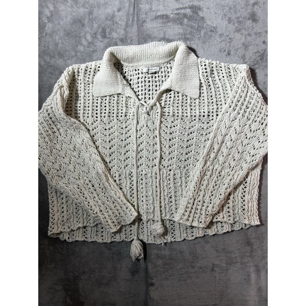 American Eagle XL Open Knit Sweater Cream Lace Up Collared Crochet Boho